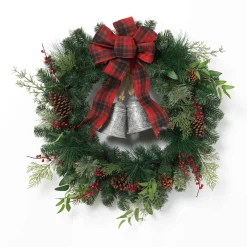 Gerson International Lawn And Outdoor Decor*32 In Holiday Pine Wreath With Plaid Bow And Silver Bells