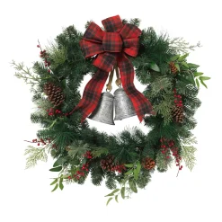 Gerson International Lawn And Outdoor Decor*32 In Holiday Pine Wreath With Plaid Bow And Silver Bells