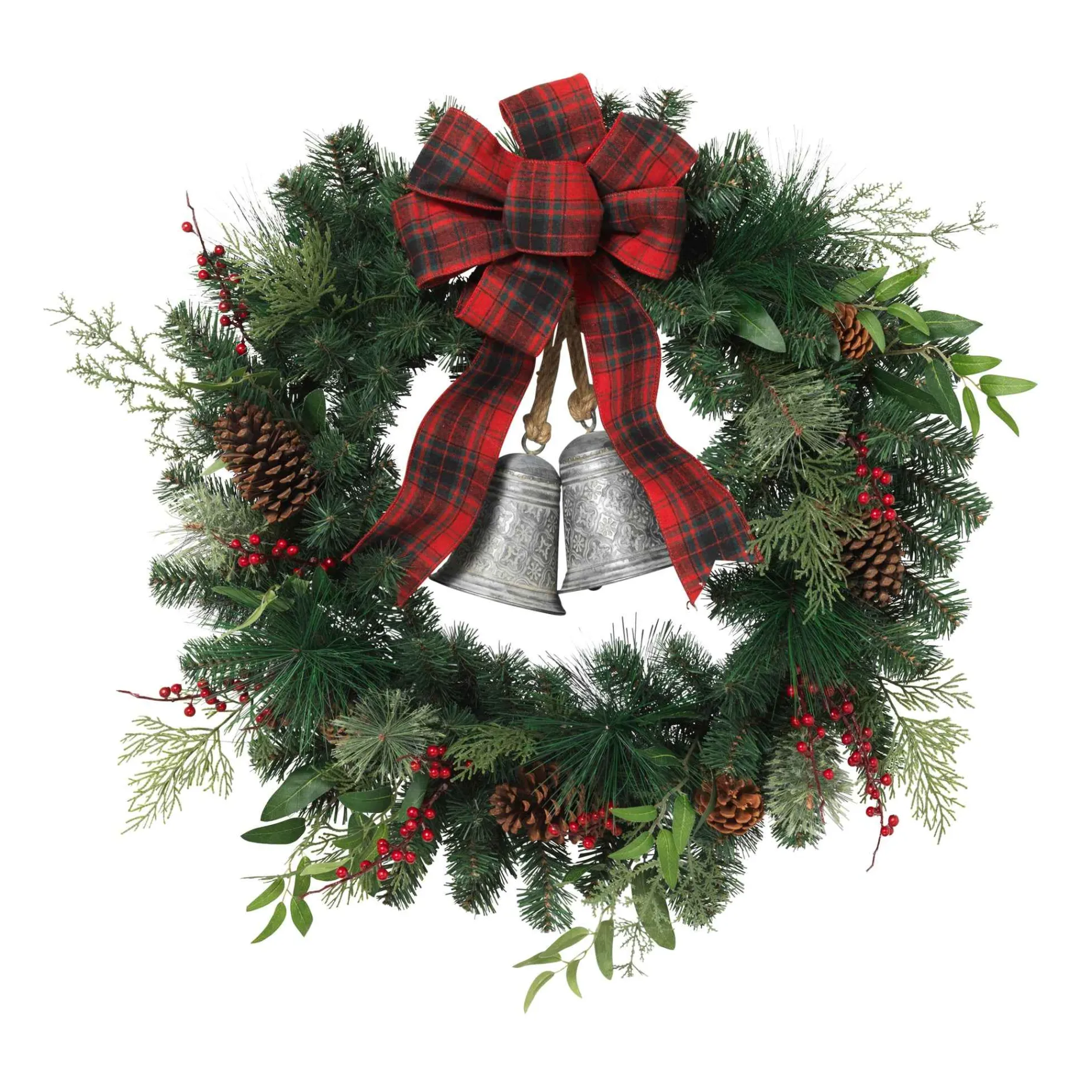 Gerson International Lawn And Outdoor Decor*32 In Holiday Pine Wreath With Plaid Bow And Silver Bells