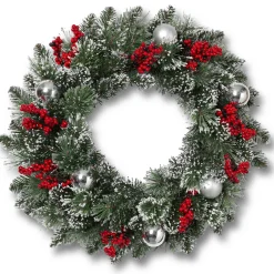 Gerson International Wreaths*24 Inch Flocked Holiday Wreath With Red Berries And Ornaments