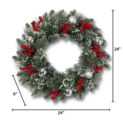 Gerson International Wreaths*24 Inch Flocked Holiday Wreath With Red Berries And Ornaments