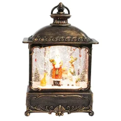 Arys Imports Waterglobes & Lanterns*Antique Bronze Brushed Square Lantern With Led Light Up Santa With Deer Scene Spinning Glitter Waterglobe