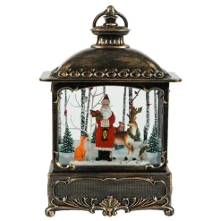 Arys Imports Waterglobes & Lanterns*Antique Bronze Brushed Square Lantern With Led Light Up Santa With Deer Scene Spinning Glitter Waterglobe