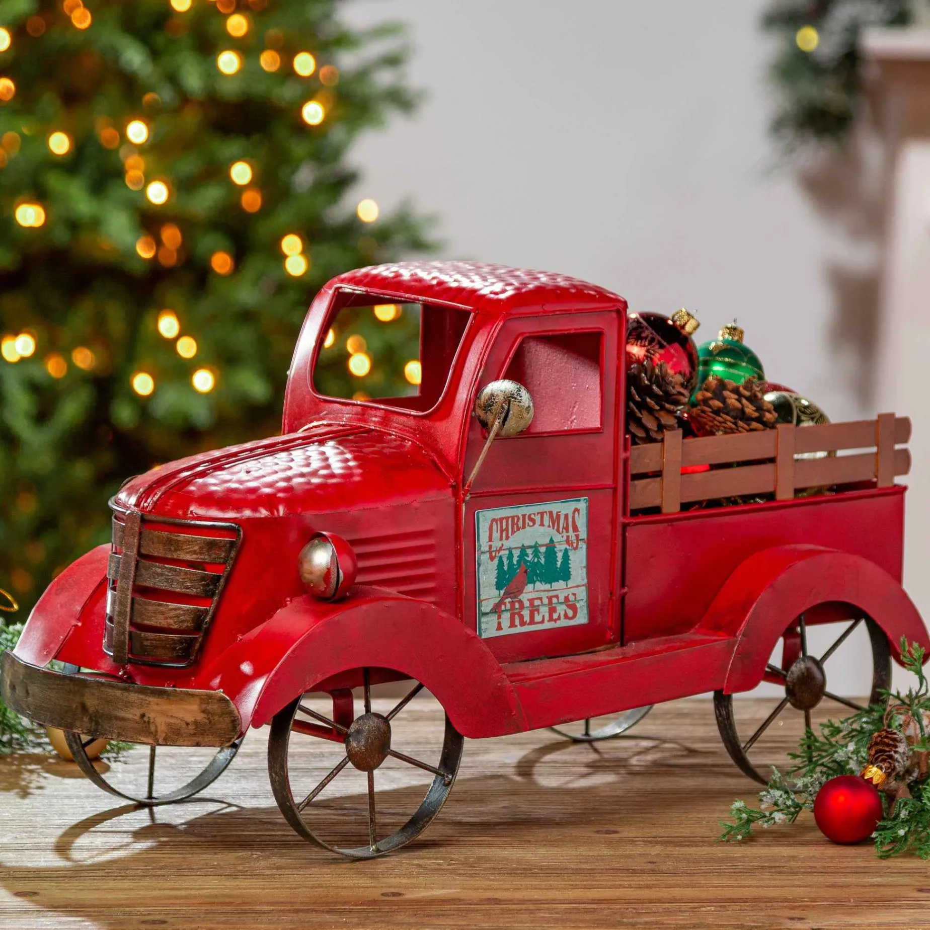 Gerson International Tabletop Items*Antique Red Metal Vintage Truck With Christmas Tree, Decor
