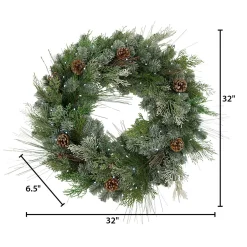 Gerson International Wreaths*32"D Pre-Lit Snowy Mixed Pine Wreath Withpine Cones, Twig & Cedar Accents. 50 Cool White Led Lights.