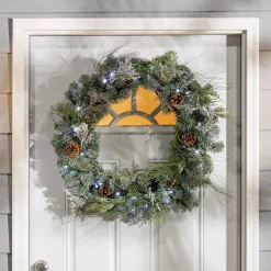 Gerson International Wreaths*32"D Pre-Lit Snowy Mixed Pine Wreath Withpine Cones, Twig & Cedar Accents. 50 Cool White Led Lights.