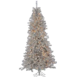 Gerson International Pre-Lit Trees*7.5Ft Pre-Lit Silver Curly Tinsel Christmas Tree With Clear Lights