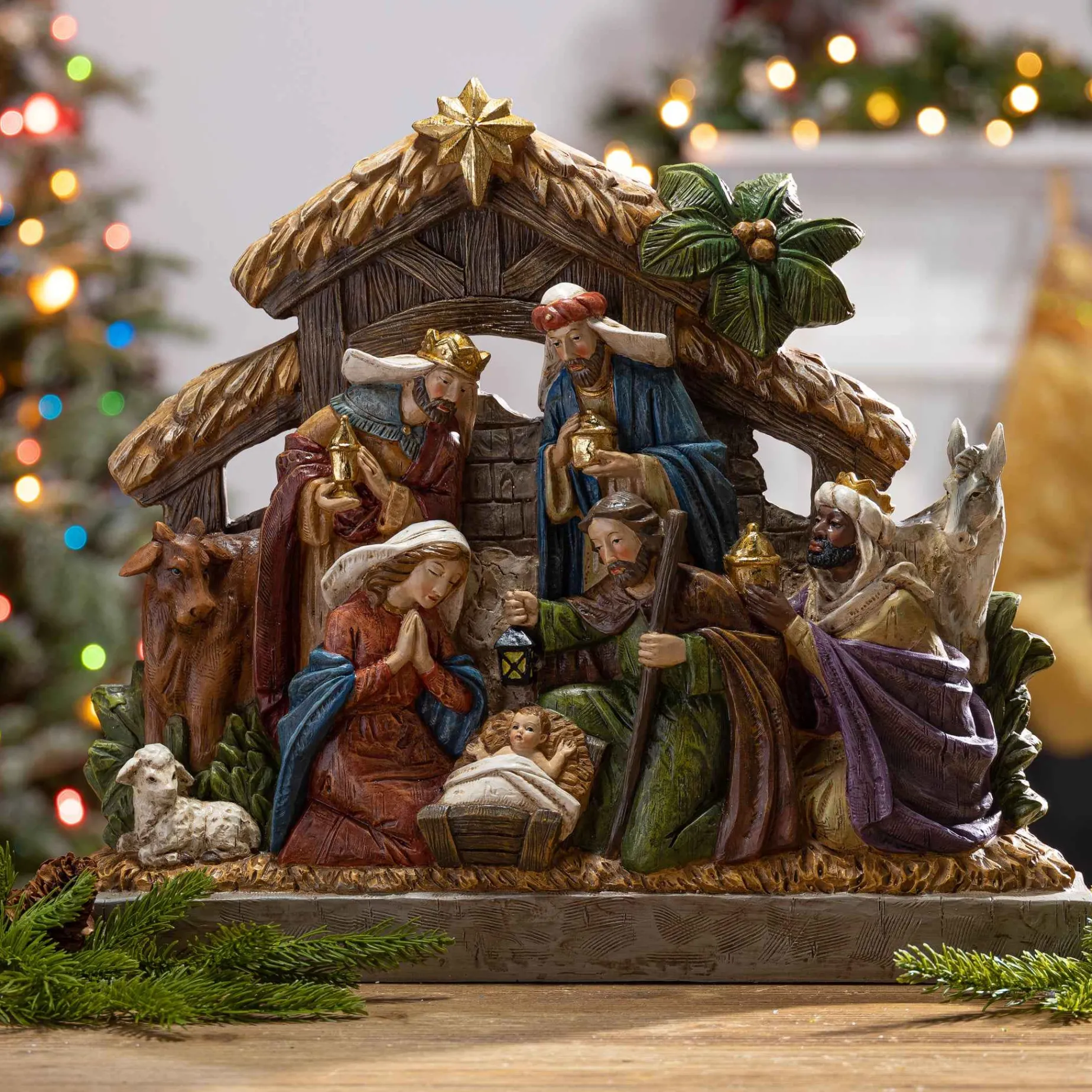 Gerson International Tabletop Items*17.7-In L Battery- Operated Lighted Resin Nativity Stable With Figurines