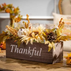 Gerson International Tabletop Pieces*16-In Long Wood Fall Box Filled With Florals And 3 Candle Jars