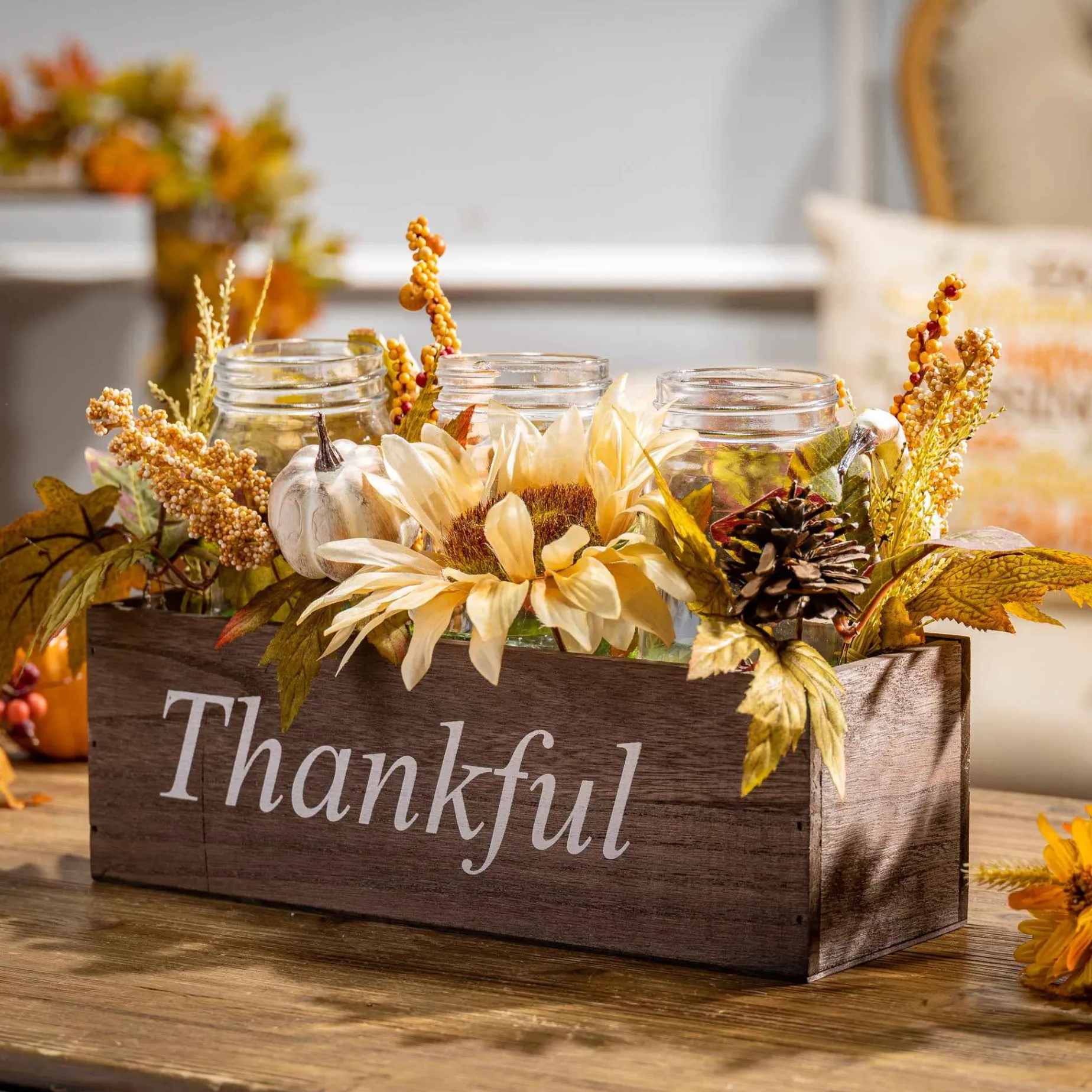 Gerson International Tabletop Pieces*16-In Long Wood Fall Box Filled With Florals And 3 Candle Jars