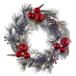 Kurt Adler Wreaths* 22-Inch Battery-Operated Red Berries, Balls And Silver Pinecone Wreath