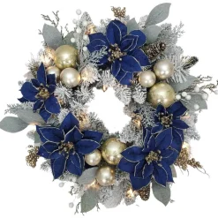 Kurt Adler Wreaths* 24-Inch Blue And Gold Poinsettia Decorated Flocked Wreath