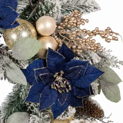 Kurt Adler Wreaths* 24-Inch Blue And Gold Poinsettia Decorated Flocked Wreath