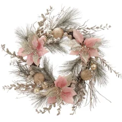 Kurt Adler Wreaths* 20-Inch Champagne And Gold Wreath With Pink Poinsettias And Ornaments