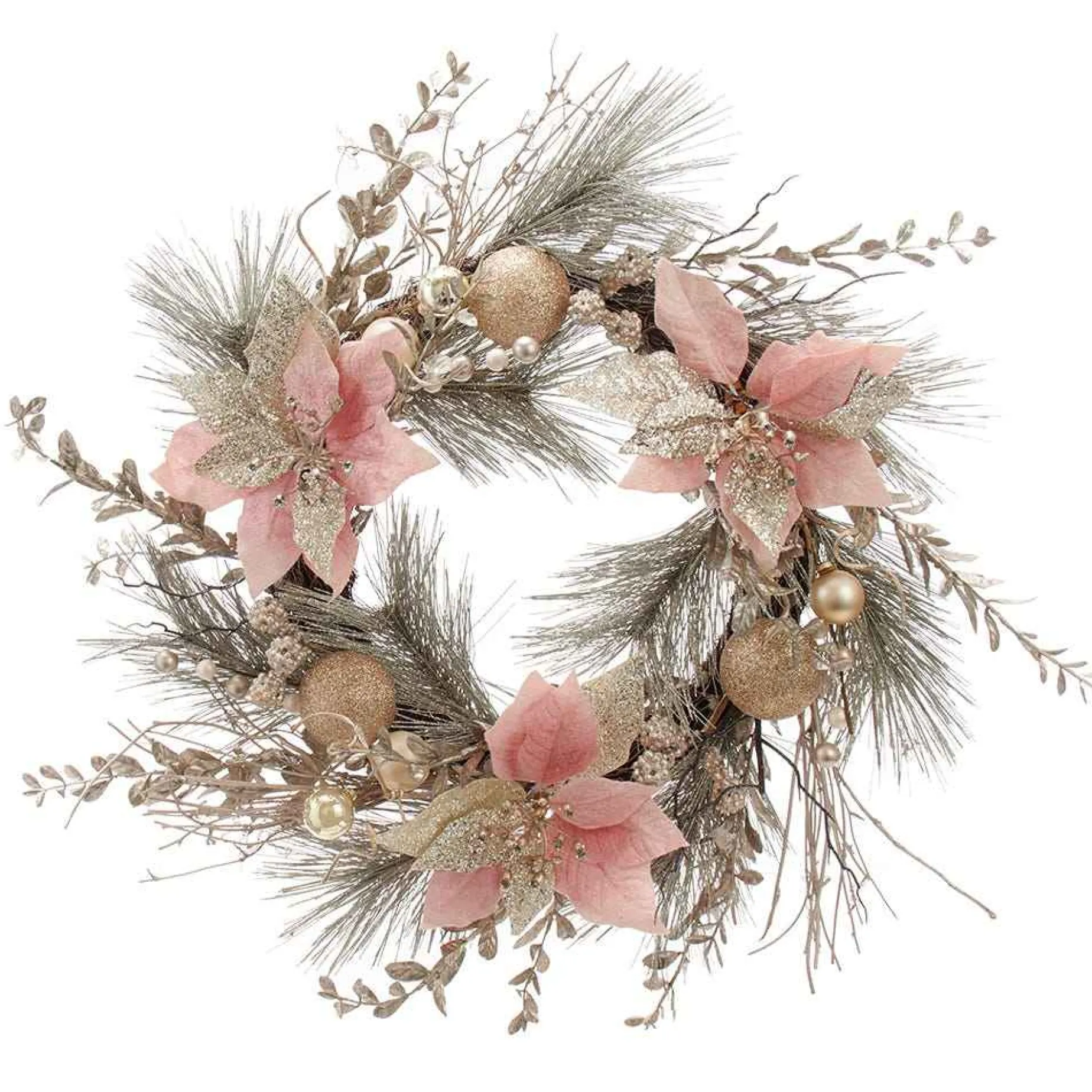Kurt Adler Wreaths* 20-Inch Champagne And Gold Wreath With Pink Poinsettias And Ornaments
