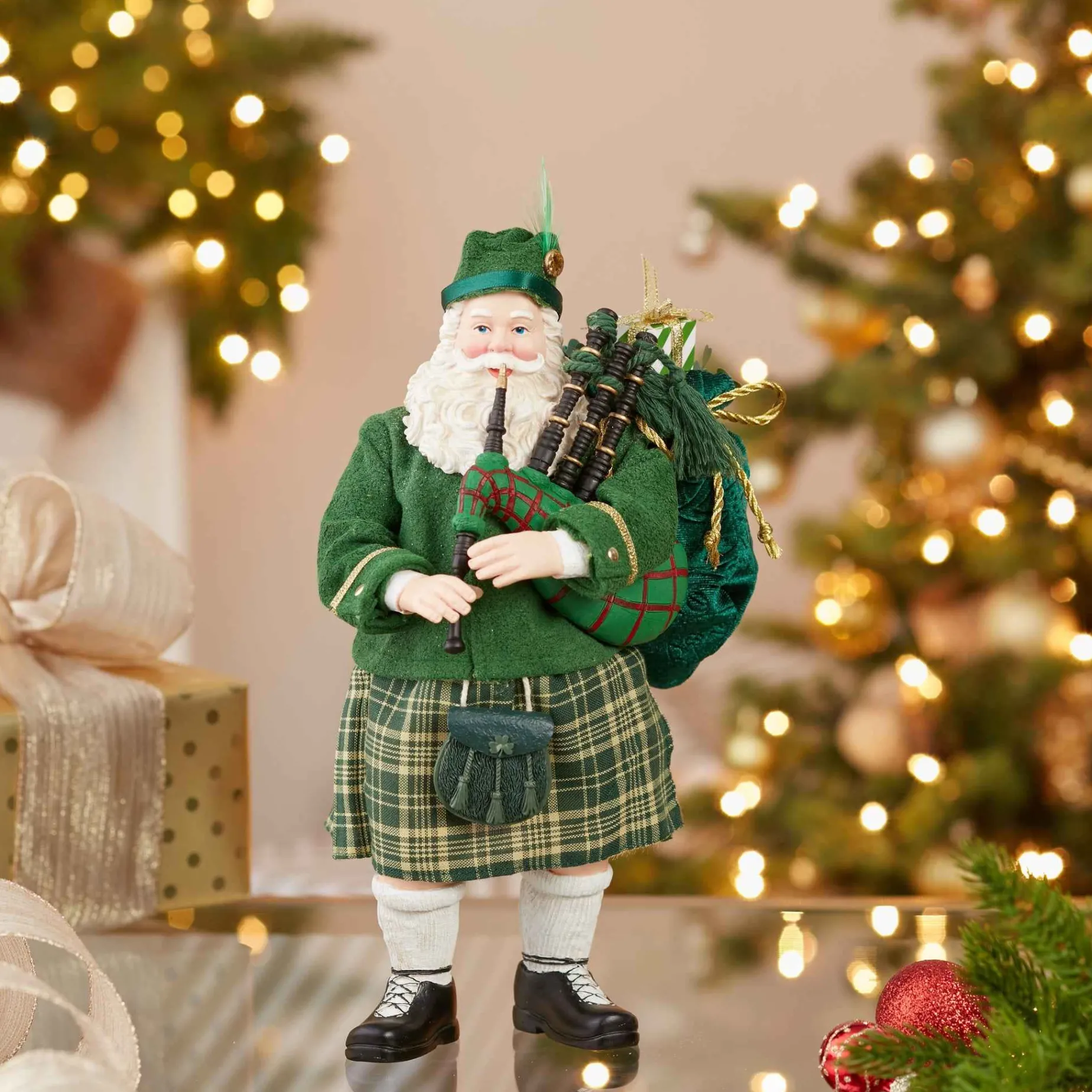 Kurt Adler Tabletop Items* 10.5-Inch Fabriche Musical Irish Bagpiper Santa