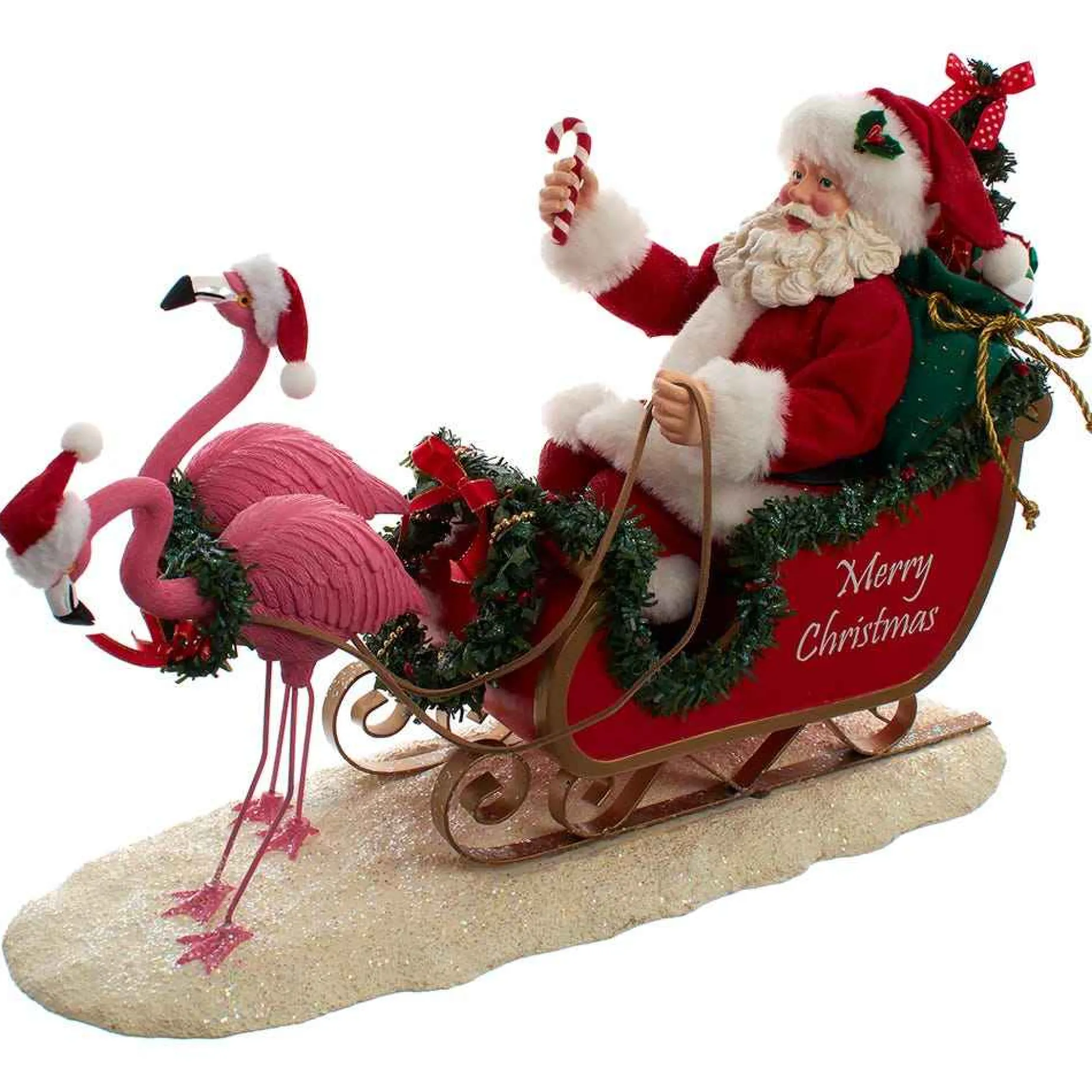 Kurt Adler Tabletop Items* 10-Inch Fabriche Flamingos Pulling Santa Sleigh