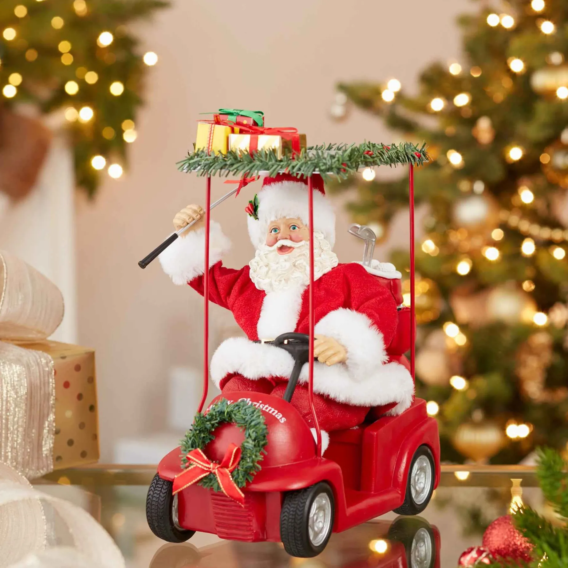 Kurt Adler Tabletop Items* 11.25-Inch Fabriche Santa Driving Golf Cart