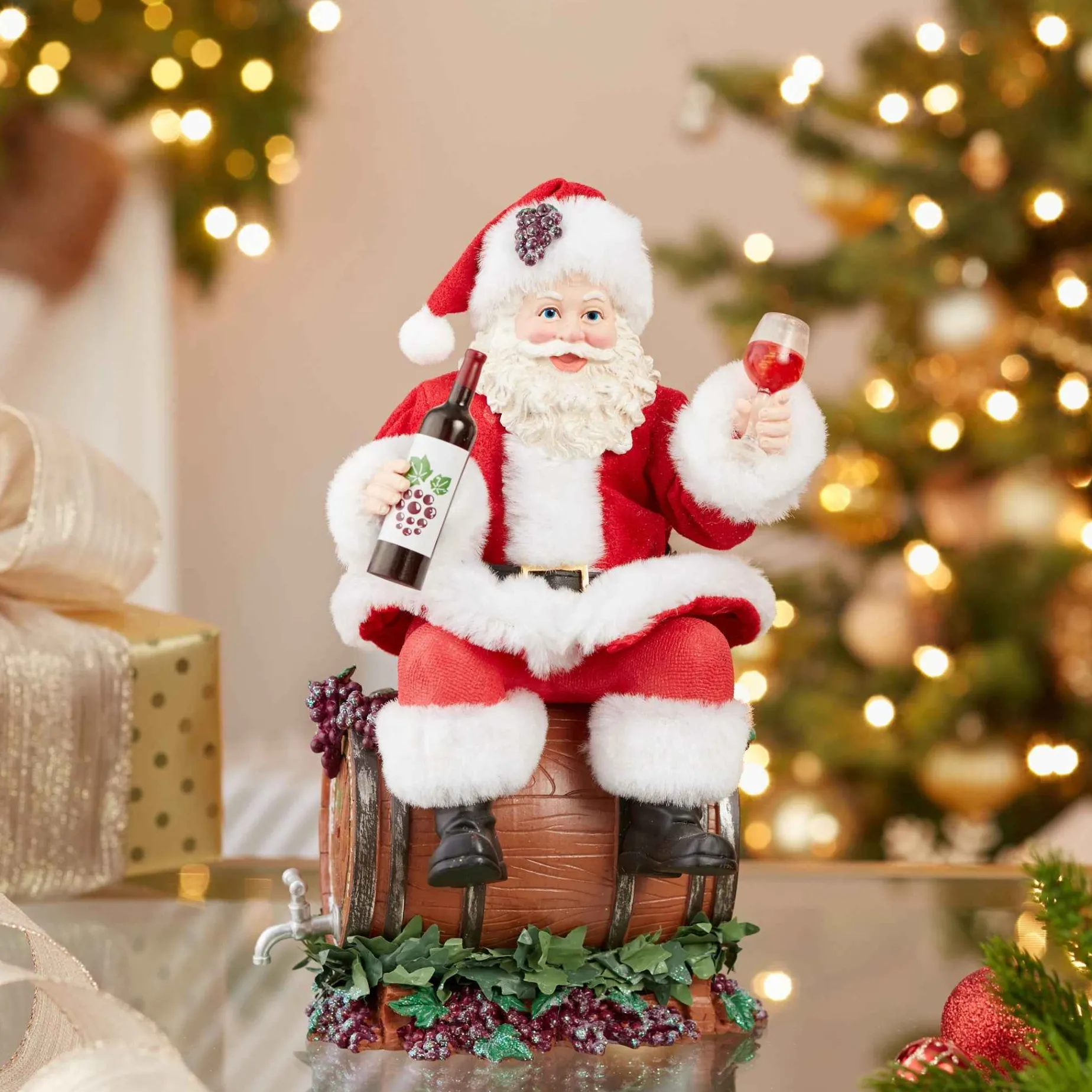 Kurt Adler Tabletop Items* 10.5-Inch Fabriche Santa Sitting On Wine Barrel