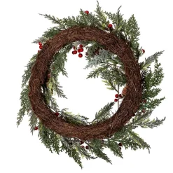 Kurt Adler Wreaths* 20-Inch Unlit Flocked Rattan Wreath With Red Berries