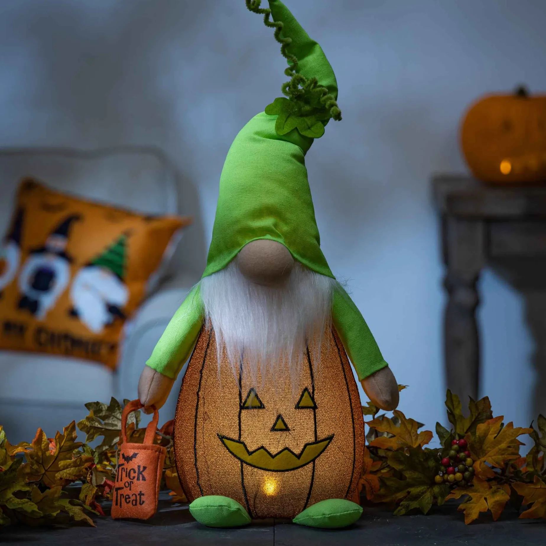 Gerson International Tabletop Pieces*Lighted Gnome In Pumpkin Costume, Cute Halloween Decor