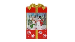 Arys Imports Waterglobes & Lanterns*Red And Gold Square Gift Box With Led Warm White Light Up Snowman Family Scene Spinning Glitter Waterglobe