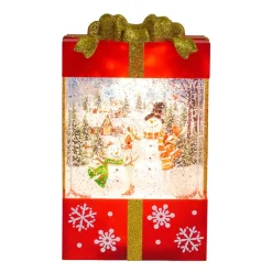 Arys Imports Waterglobes & Lanterns*Red And Gold Square Gift Box With Led Warm White Light Up Snowman Family Scene Spinning Glitter Waterglobe