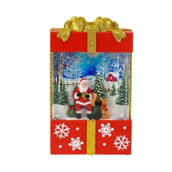 Arys Imports Waterglobes & Lanterns*Red And Gold Square Gift Box With Led Warm White Light Up Santa And Dog Winter Scene Spinning Glitter Waterglobe