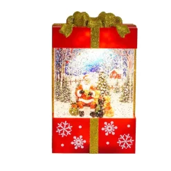 Arys Imports Waterglobes & Lanterns*Red And Gold Square Gift Box With Led Warm White Light Up Santa And Dog Winter Scene Spinning Glitter Waterglobe