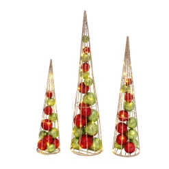Gerson International Tabletop Items*S/3 Battery- Operated Lighted Red & Green Ornament Filled Cone Trees, Lg Is 24-In H, Med Is 20-In H, Sm Is 16-In H