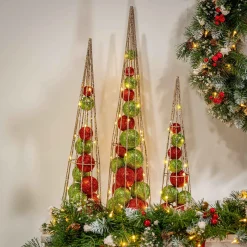 Gerson International Tabletop Items*S/3 Battery- Operated Lighted Red & Green Ornament Filled Cone Trees, Lg Is 24-In H, Med Is 20-In H, Sm Is 16-In H