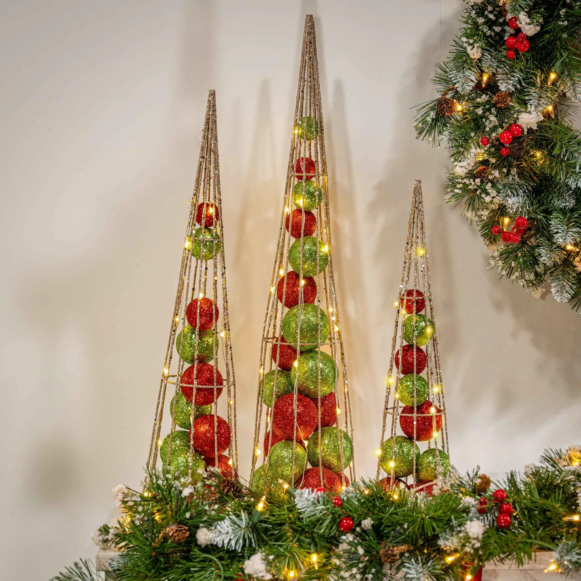 Gerson International Tabletop Items*S/3 Battery- Operated Lighted Red & Green Ornament Filled Cone Trees, Lg Is 24-In H, Med Is 20-In H, Sm Is 16-In H