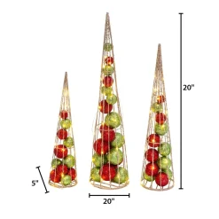 Gerson International Tabletop Items*S/3 Battery- Operated Lighted Red & Green Ornament Filled Cone Trees, Lg Is 24-In H, Med Is 20-In H, Sm Is 16-In H