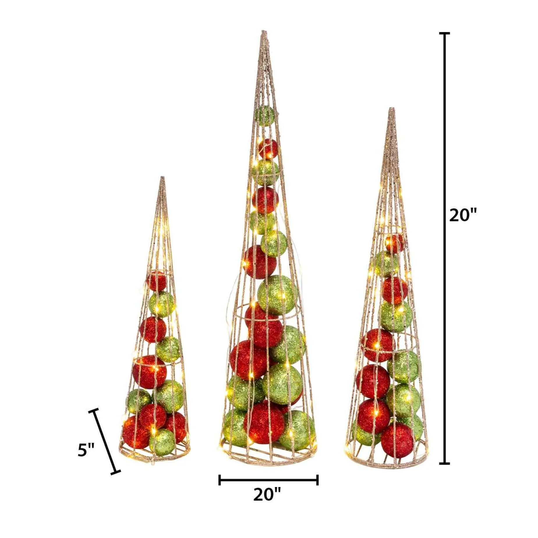 Gerson International Tabletop Items*S/3 Battery- Operated Lighted Red & Green Ornament Filled Cone Trees, Lg Is 24-In H, Med Is 20-In H, Sm Is 16-In H
