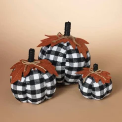 Gerson International Tabletop Pieces*Set Of 3 Assorted Sized Fabric Black And White Plaid Pumpkins Harvest Decor With Leaf Accent