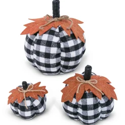 Gerson International Tabletop Pieces*Set Of 3 Assorted Sized Fabric Black And White Plaid Pumpkins Harvest Decor With Leaf Accent