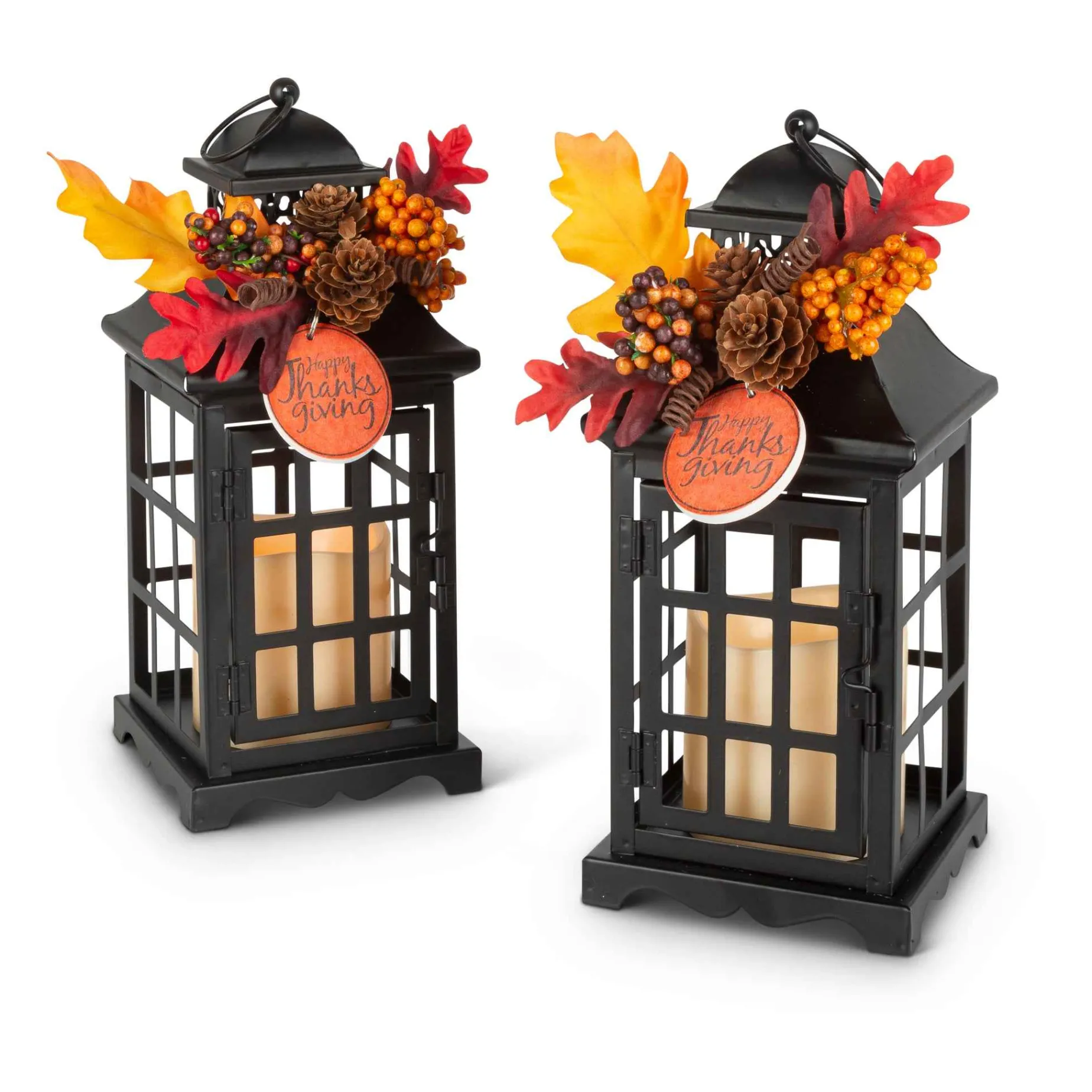 Gerson International Ligthed Items*Set Of 2 Autumn Lanterns With Fall Floral Accents, Led Candle