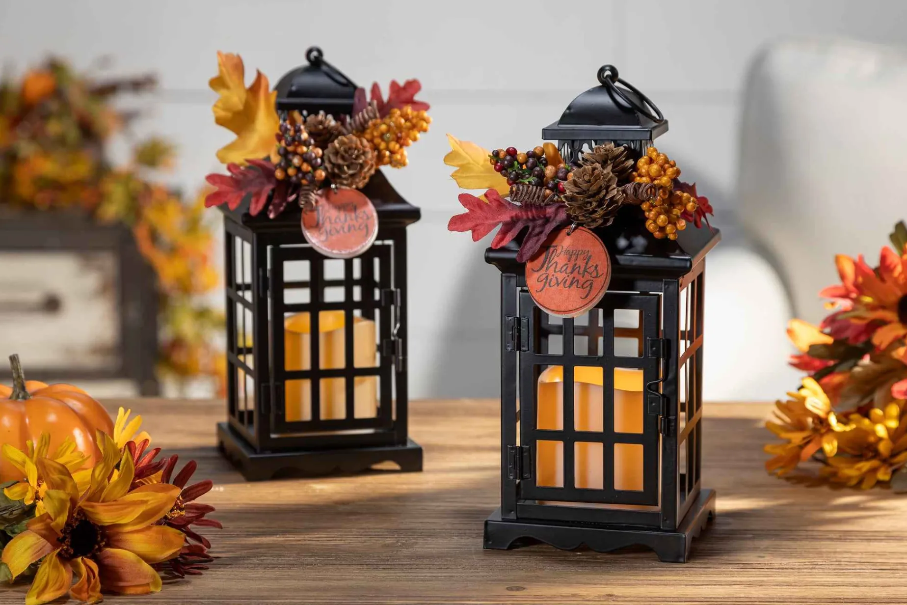 Gerson International Ligthed Items*Set Of 2 Autumn Lanterns With Fall Floral Accents, Led Candle