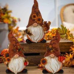 Gerson International Tabletop Pieces*Set Of 3 Autumn Sunflower Harvest Gnome Figurines
