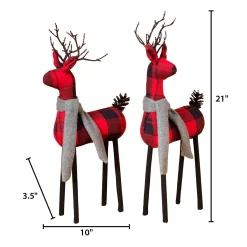 Gerson International Tabletop Items*Set Of 2 Christmas Holiday Deer Figurines, Red And Black Plaid