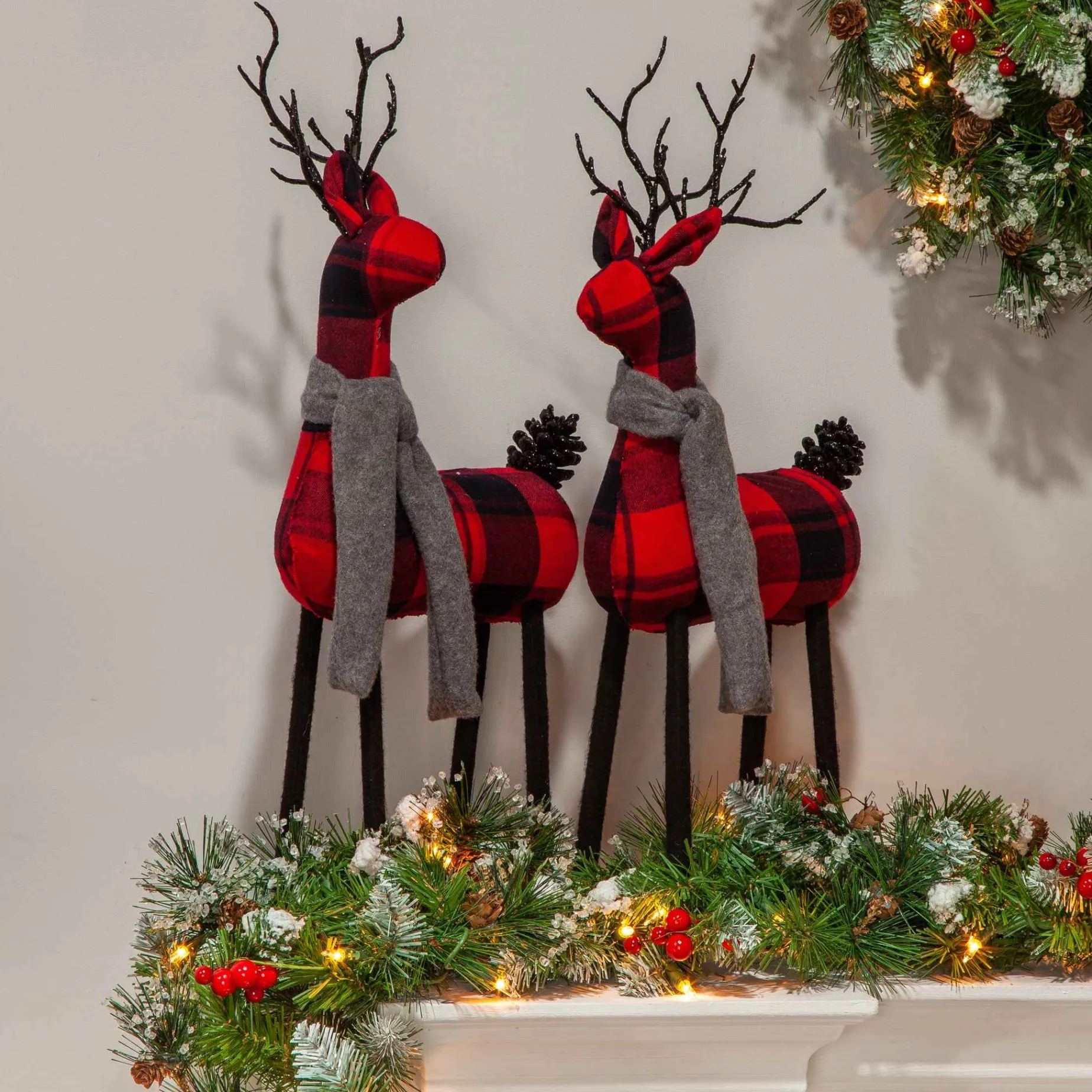 Gerson International Tabletop Items*Set Of 2 Christmas Holiday Deer Figurines, Red And Black Plaid