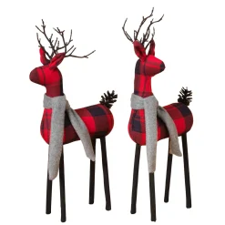 Gerson International Tabletop Items*Set Of 2 Christmas Holiday Deer Figurines, Red And Black Plaid