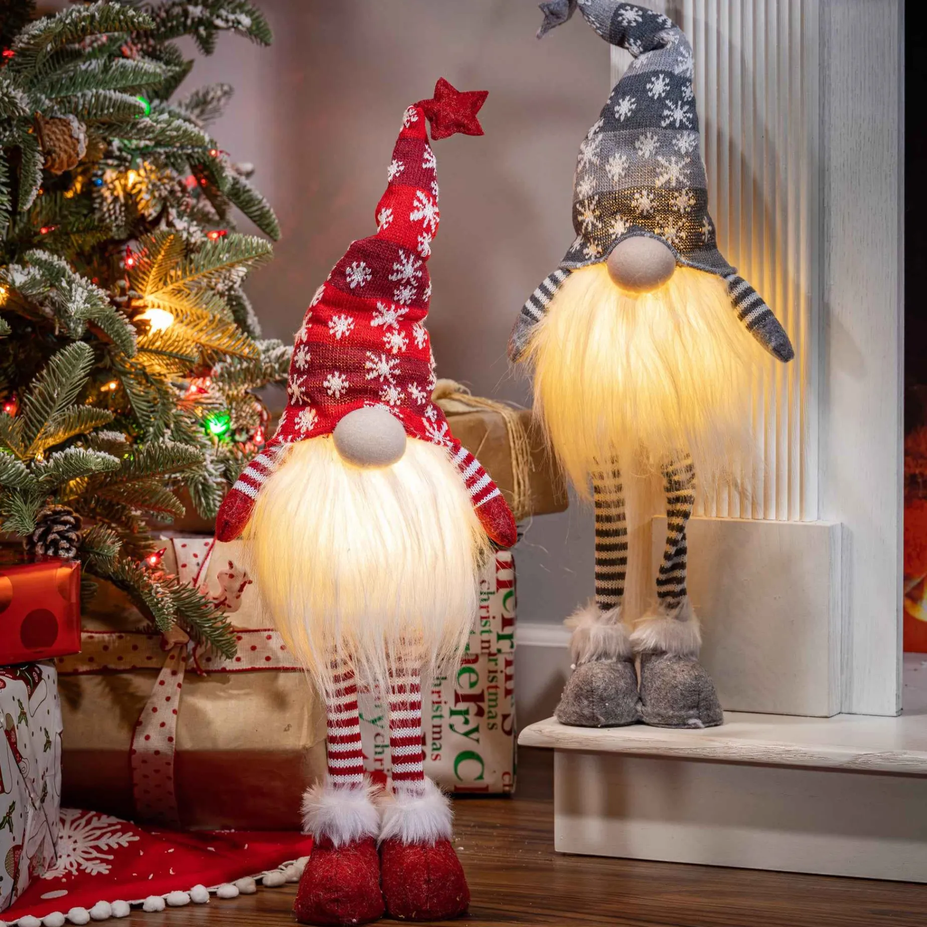 Gerson International Tabletop Items*Set Of 2 Christmas Lighted Gnome Figurines, Silver And Red