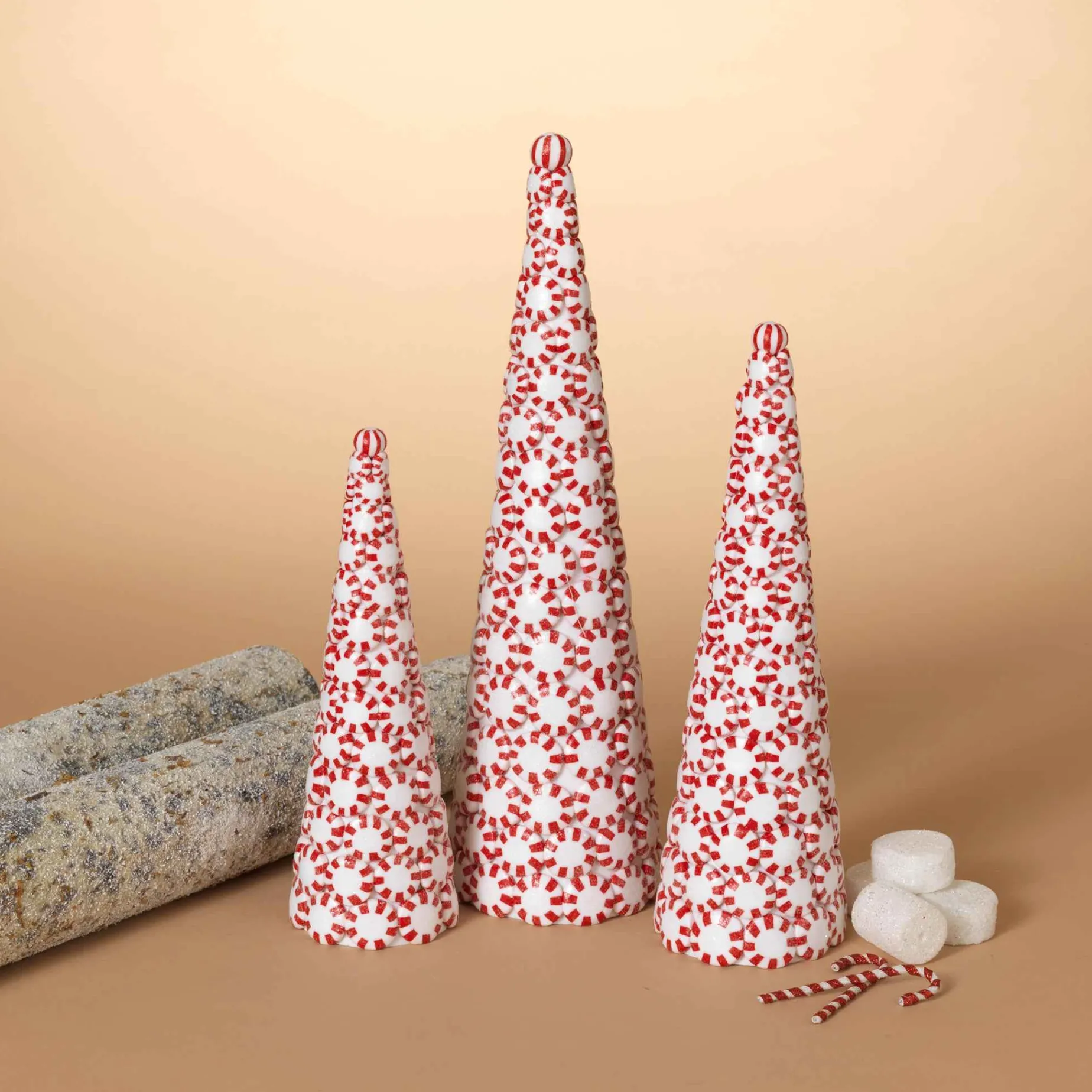 Gerson International Tabletop Items*Set Of 3 Clay Whimsical Traditional Peppermint Candy Trees