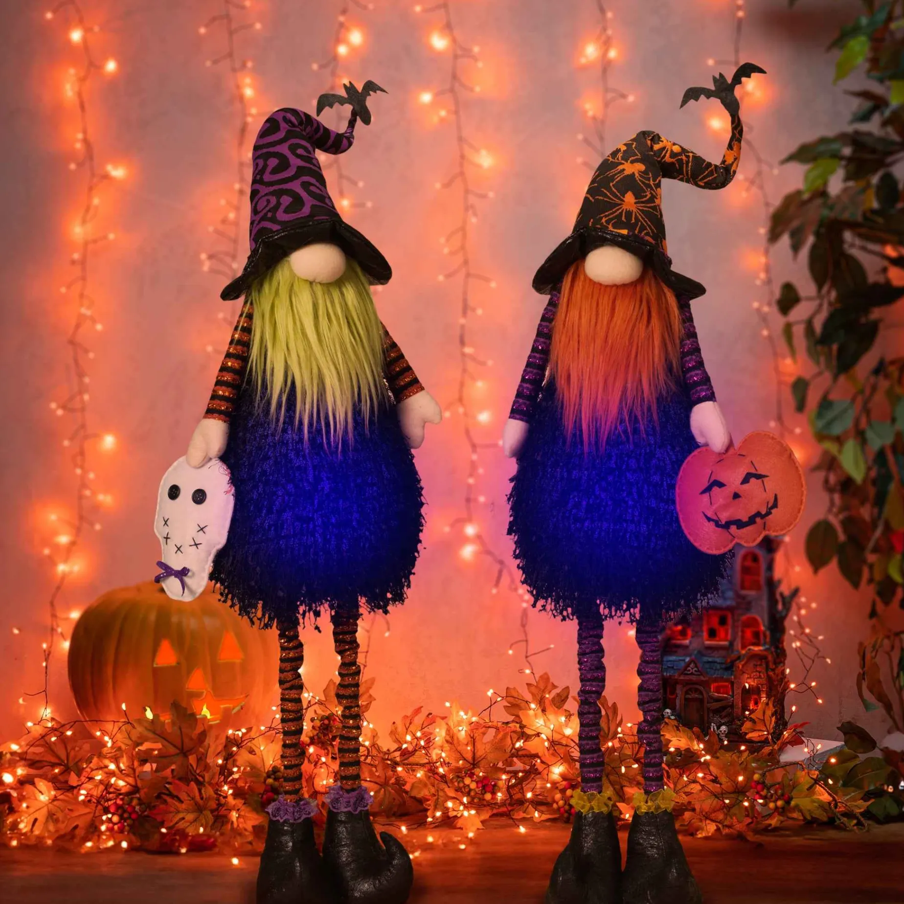 Gerson International Tabletop Pieces*Set Of 2 Lighted Whimsical Halloween Gnomes With Flexible Legs
