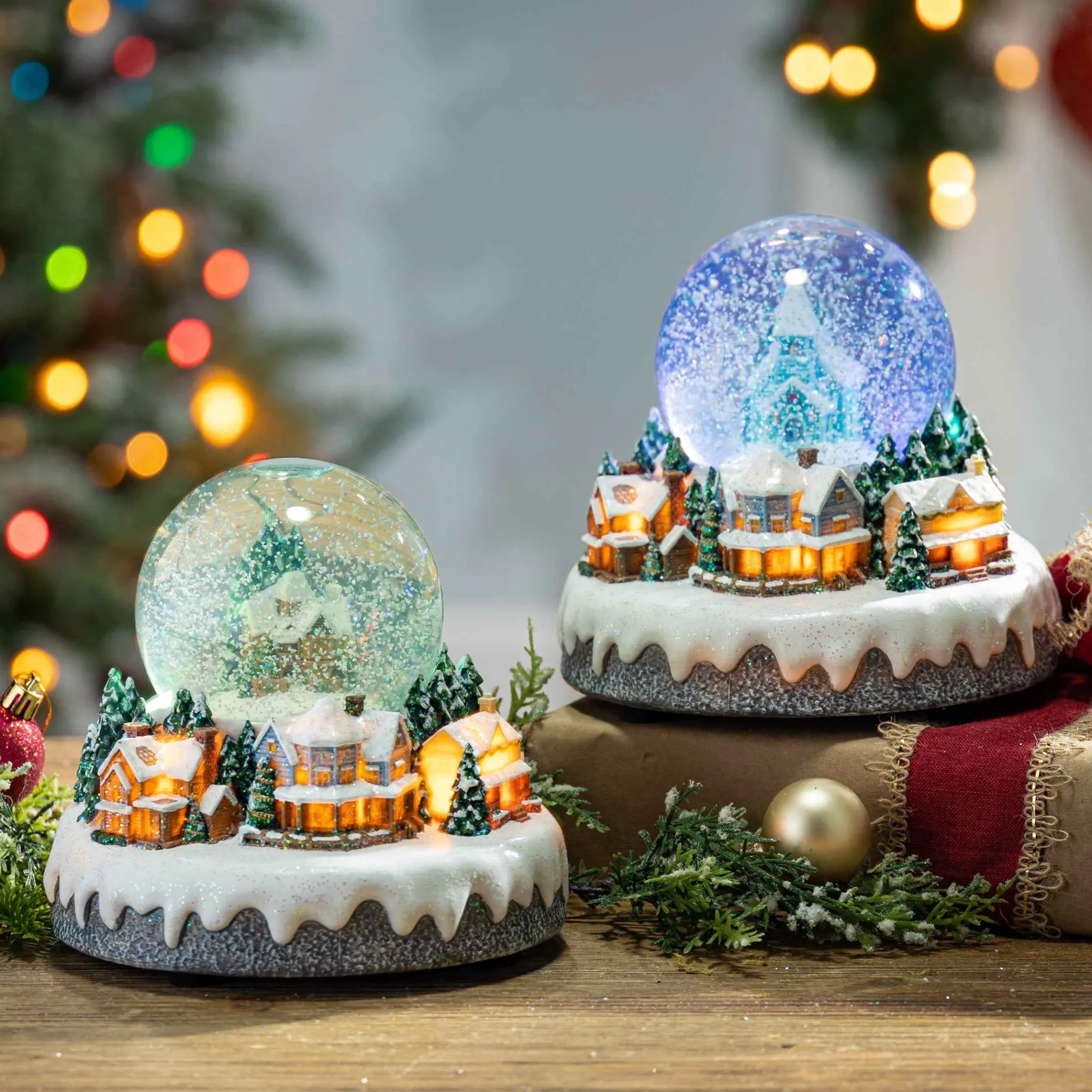 Gerson International Tabletop Items*Set Of 2 Musical Light Snow Globe With Christmas Village Scene
