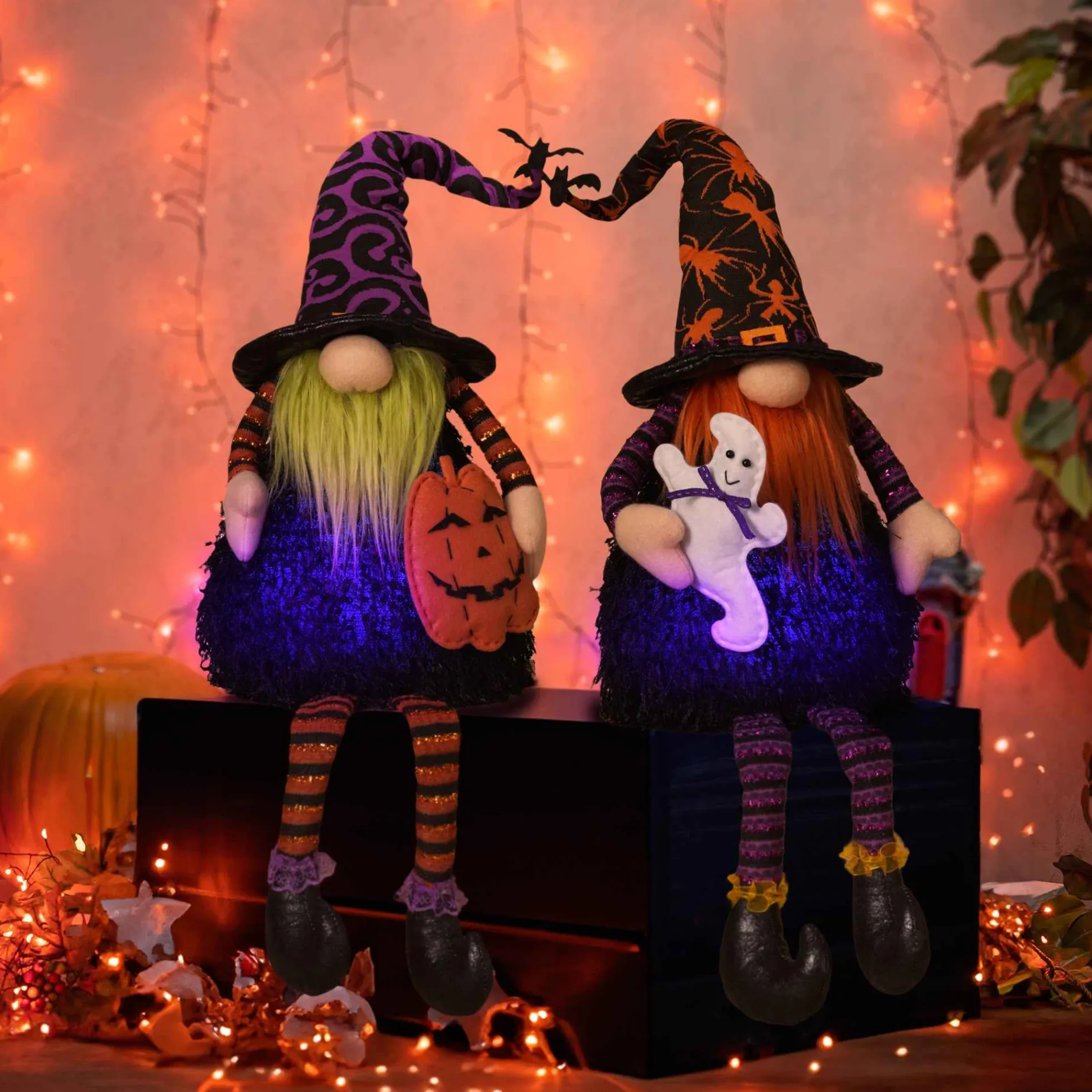 Gerson International Tabletop Pieces*Set Of 2 Plush Lighted Halloween Shelf Sitter Gnomes, Battery Operated
