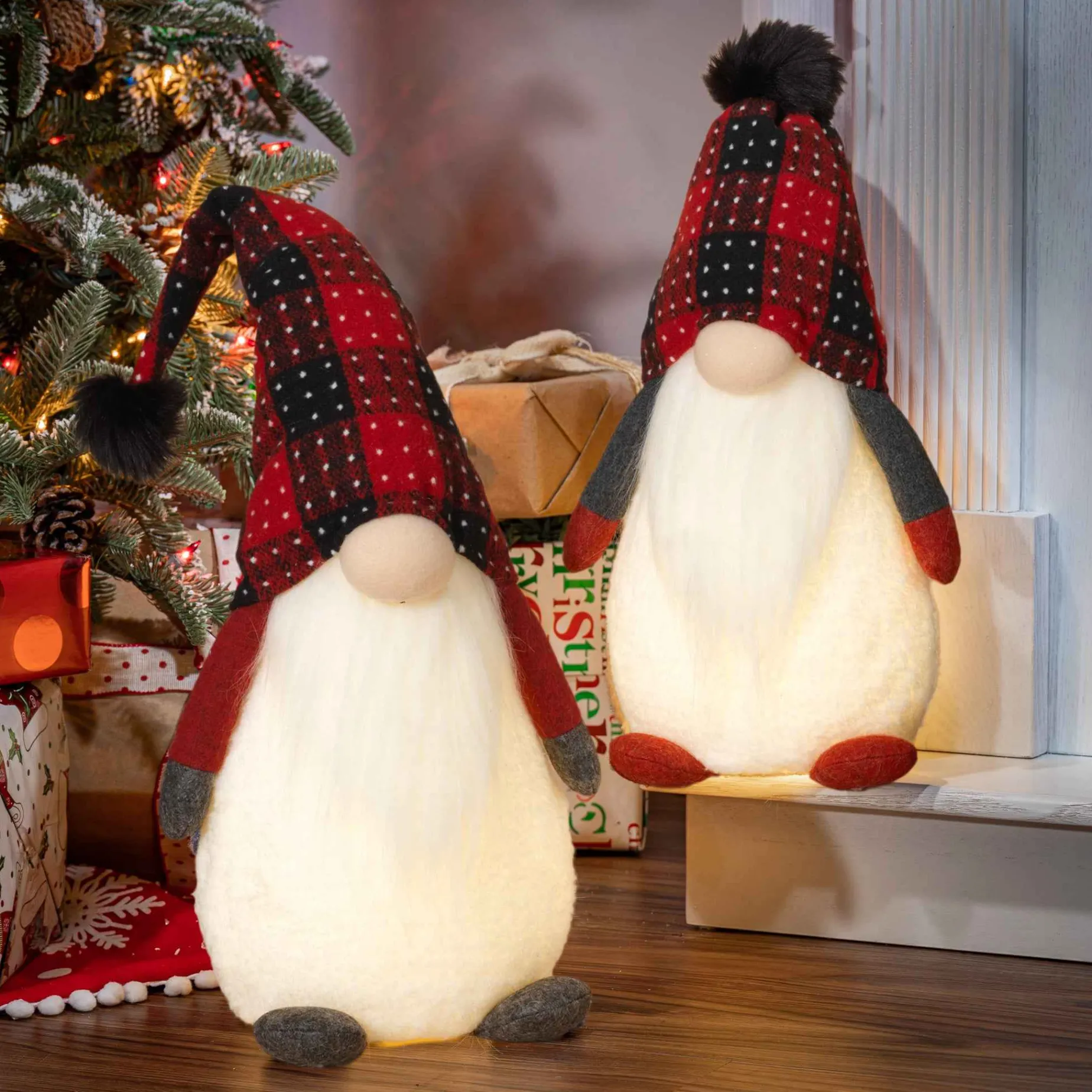 Gerson International Tabletop Pieces*Set Of 2 Red And Black Plaid Christmas Holiday Lighted Gnomes