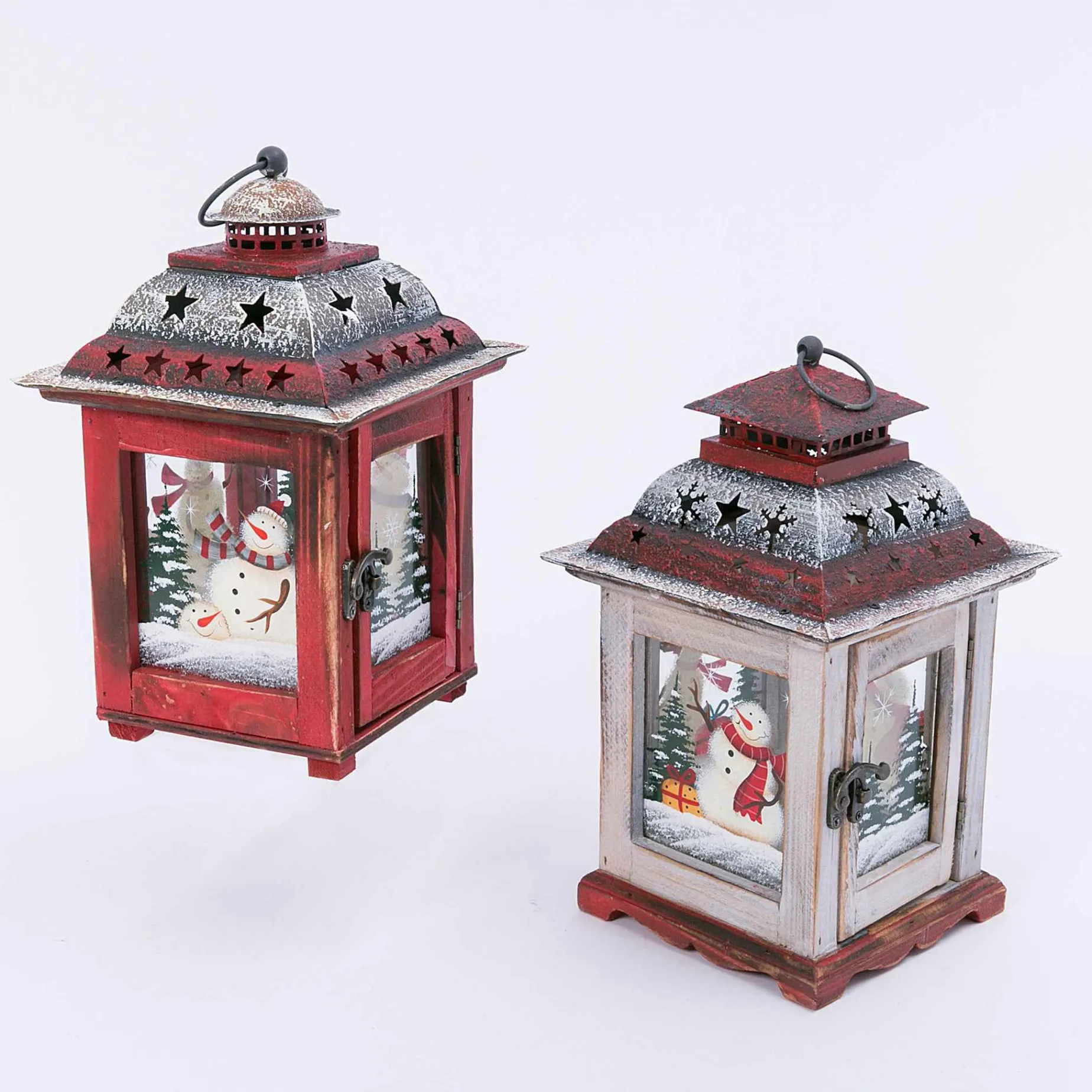 Gerson International Tabletop Items*Set Of 2 Rustic Farmhouse Christmas Holiday Snowmen Lanterns