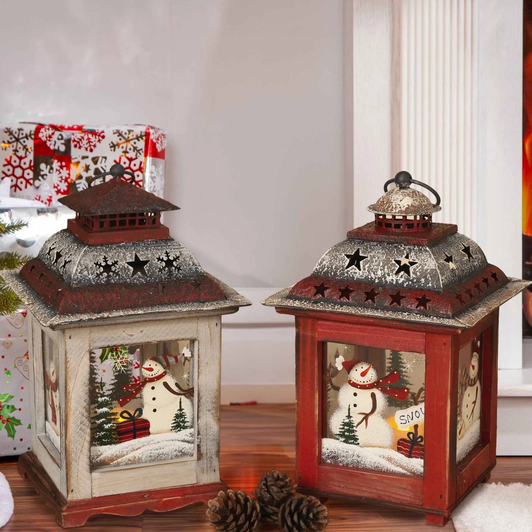 Gerson International Tabletop Items*Set Of 2 Rustic Farmhouse Christmas Holiday Snowmen Lanterns